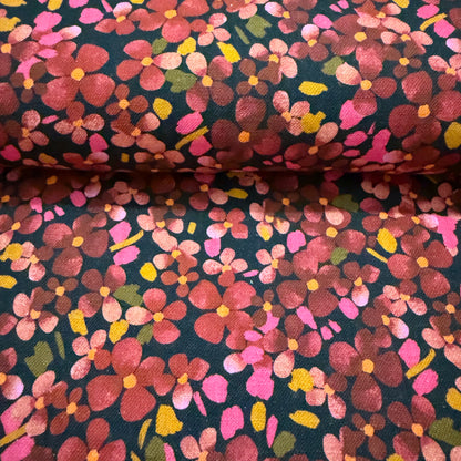 Tissu - Viscose texturée effet lin fleurs rouge (par 10cm)