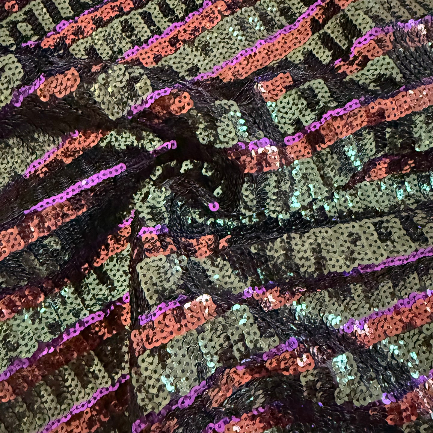 Tissu sequins multicolores Vert - Violet - Terracotta (par 10 cm)