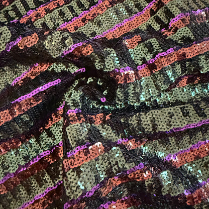 Tissu sequins multicolores Vert - Violet - Terracotta (par 10 cm)