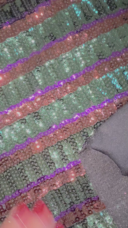 Tissu sequins multicolores Vert - Violet - Terracotta (par 10 cm)