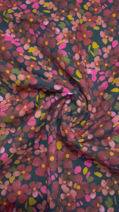 Tissu - Viscose texturée effet lin fleurs rouge (par 10cm)